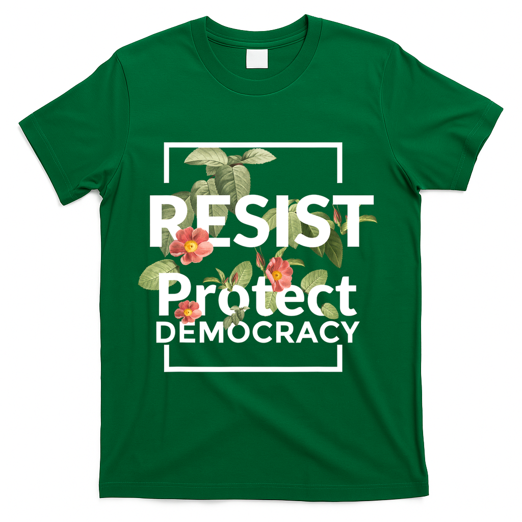 Resist Protect Democracy Subtle Retro Floral Anti Trump  T-Shirt - Green