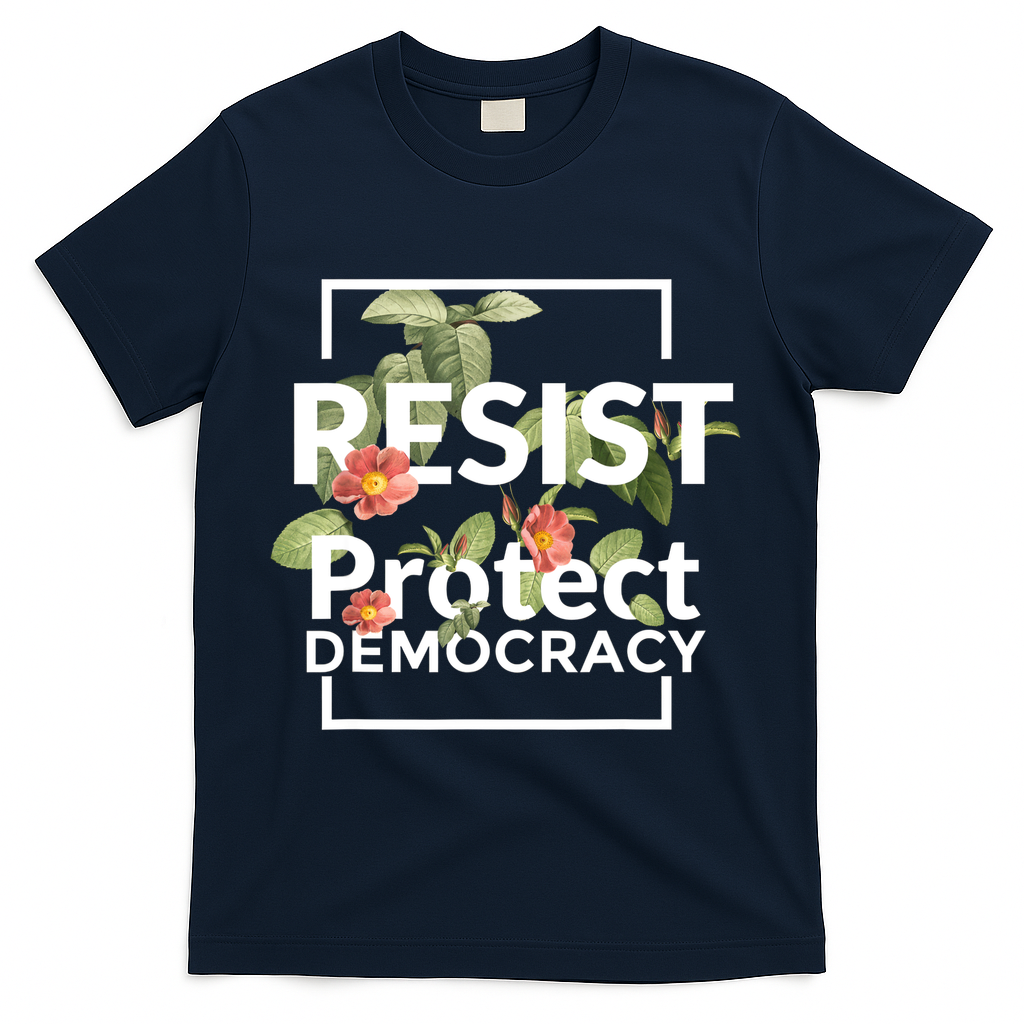Resist Protect Democracy Subtle Retro Floral Anti Trump  T-Shirt - Navy