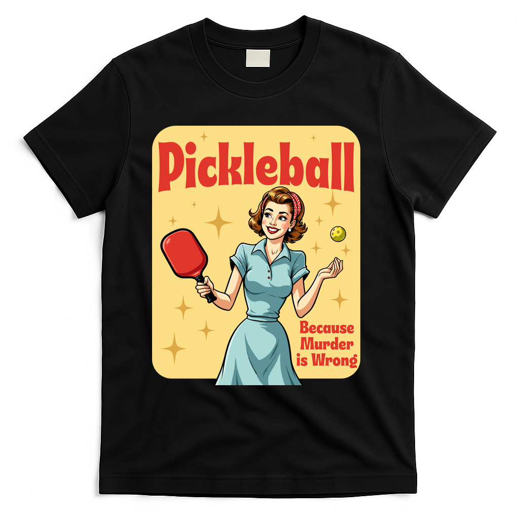 Retro Pickleball Funny Because Murder Is Wrong T-Shirt - Black