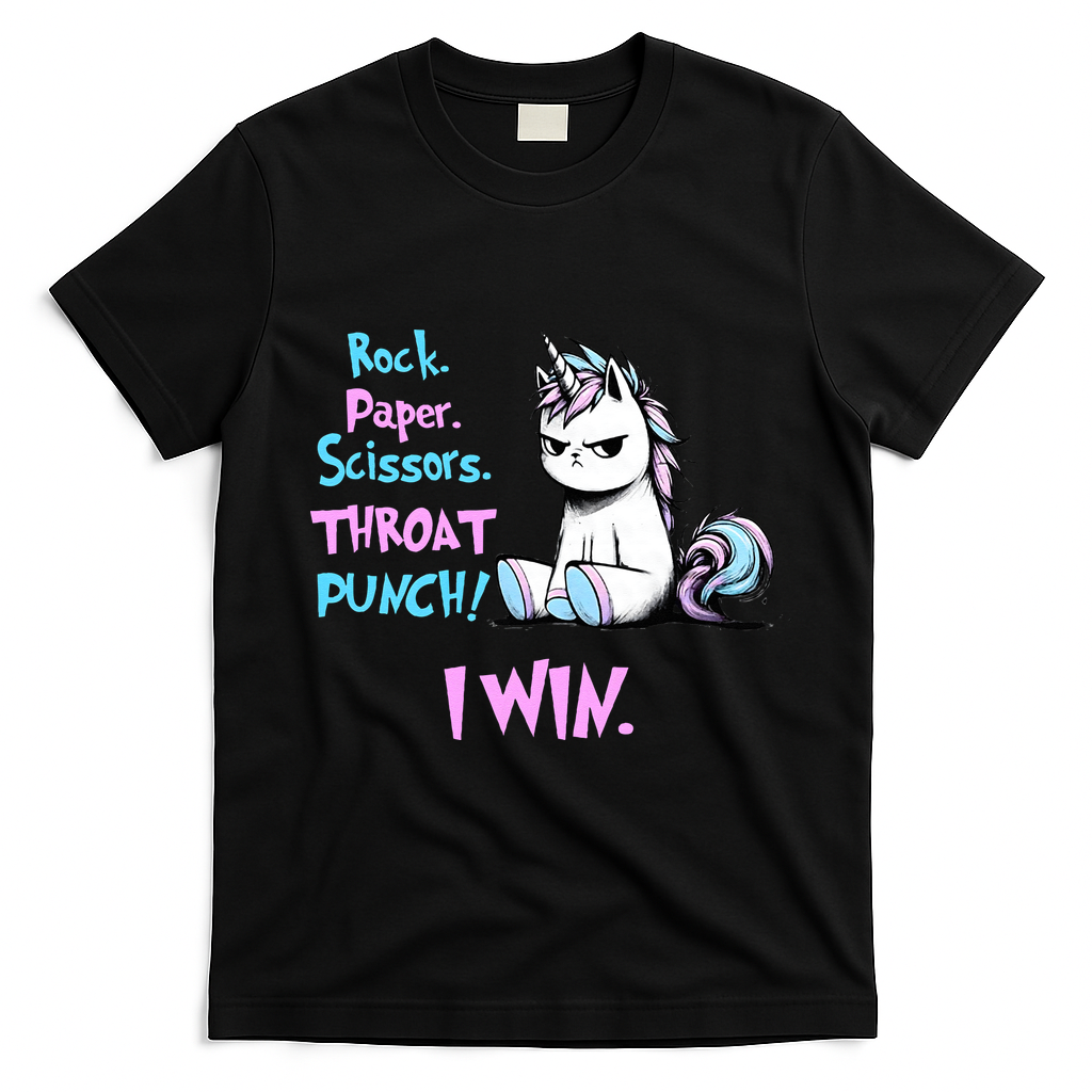 Rock Paper Scissors Throat Punch I Win Unicorn Funny Adult Humor T-Shirt - Black