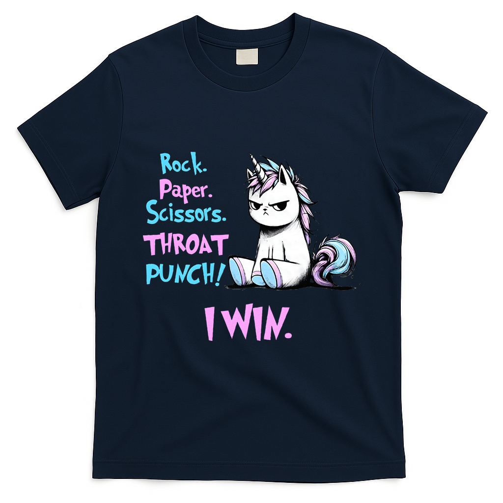 Rock Paper Scissors Throat Punch I Win Unicorn Funny Adult Humor T-Shirt - Navy Blue