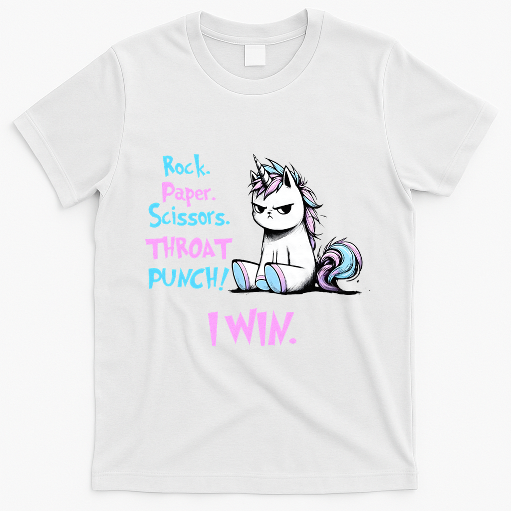 Rock Paper Scissors Throat Punch I Win Unicorn Funny Adult Humor T-Shirt - White