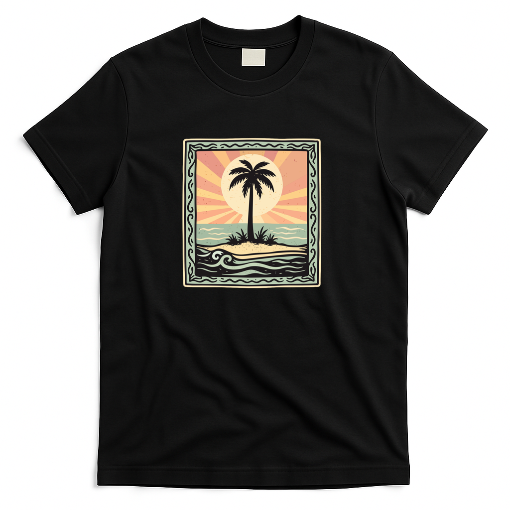 Retro Palm Tree Sunset Beach - Black