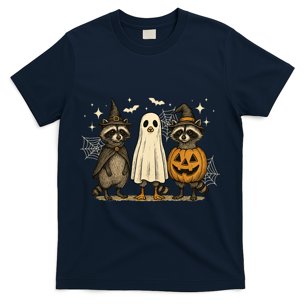Retro Raccoon Witch Scary Halloween Pumpkin  T-Shirt - Navy