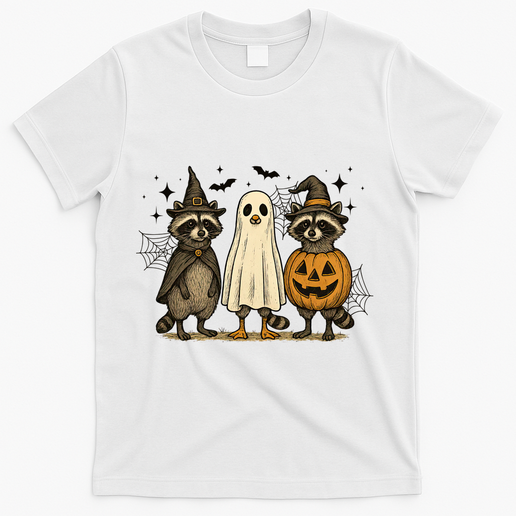 Retro Raccoon Witch Scary Halloween Pumpkin  T-Shirt - White