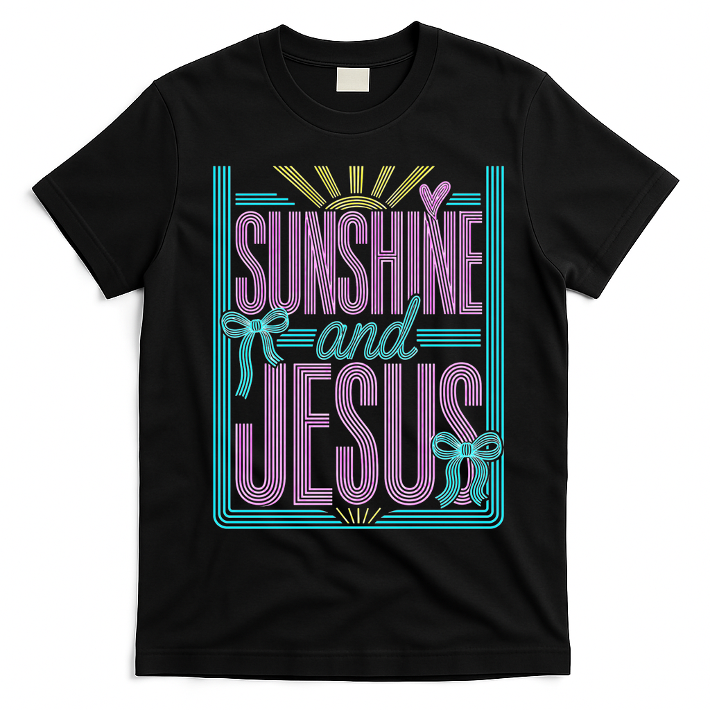 Retro Sunshine And Jesus Faith Striped Summer T-Shirt - Black