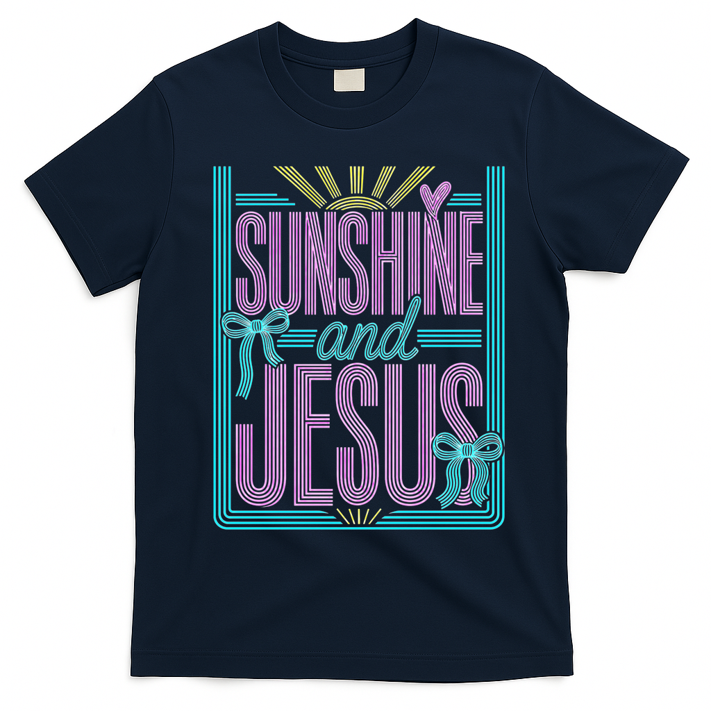 Retro Sunshine And Jesus Faith Striped Summer T-Shirt - Navy Blue