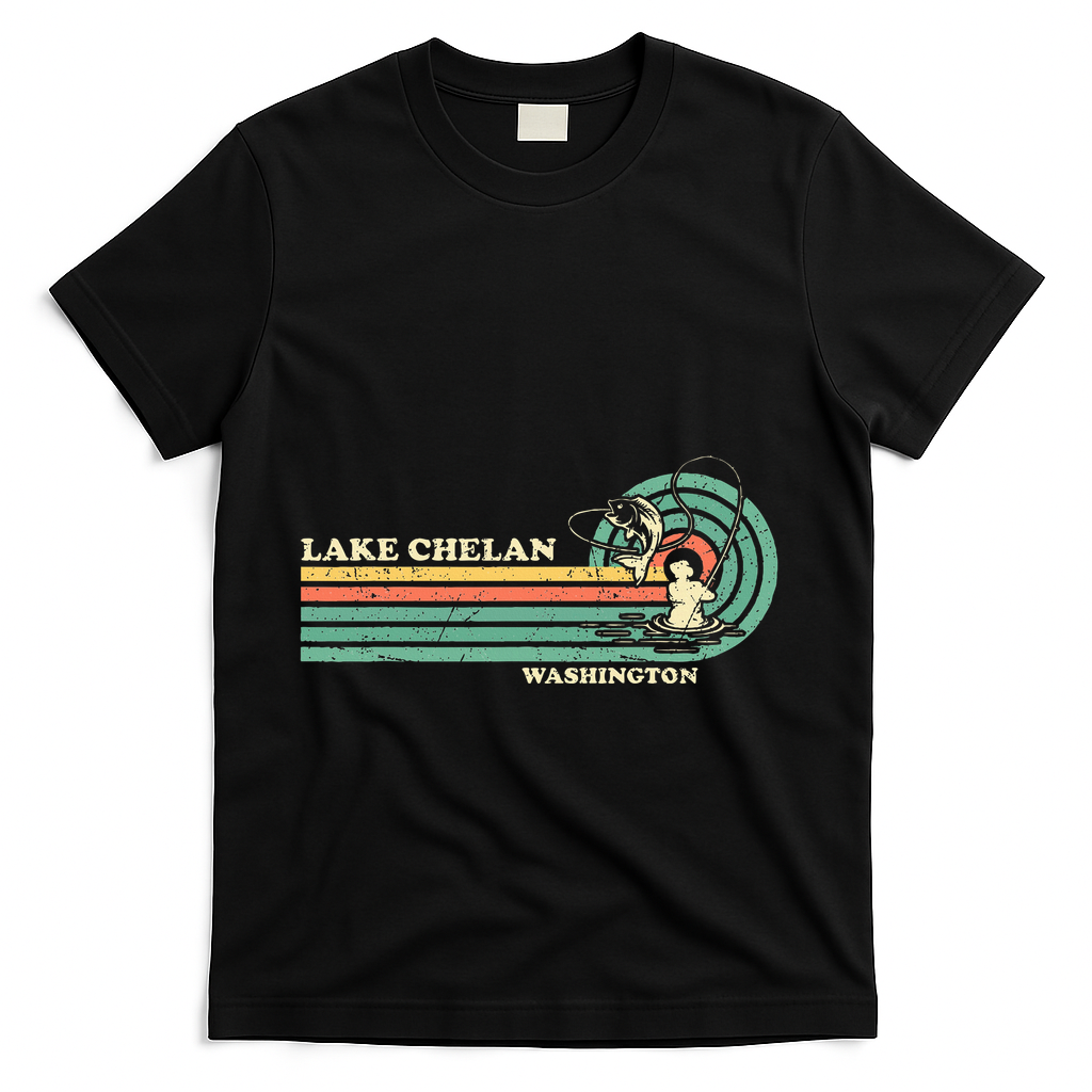 Retro Summer Fishing Washington Chelan Lake T-Shirt - Black