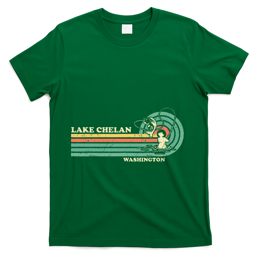 Retro Summer Fishing Washington Chelan Lake T-Shirt - Green