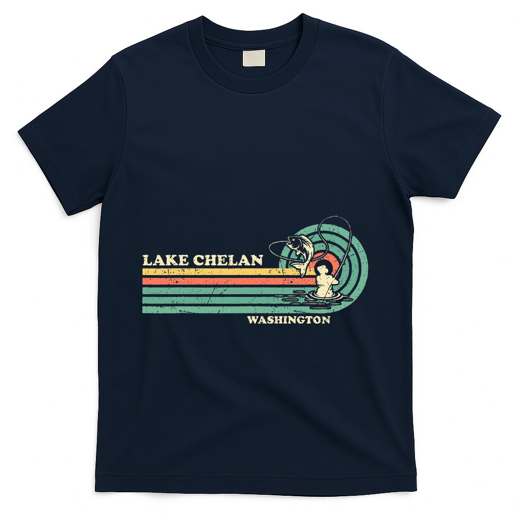 Retro Summer Fishing Washington Chelan Lake T-Shirt - Navy