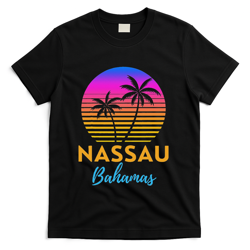 Retro Sunset Nassau Bahamas Beach Trip Vacation Summer Group T-Shirt - Black