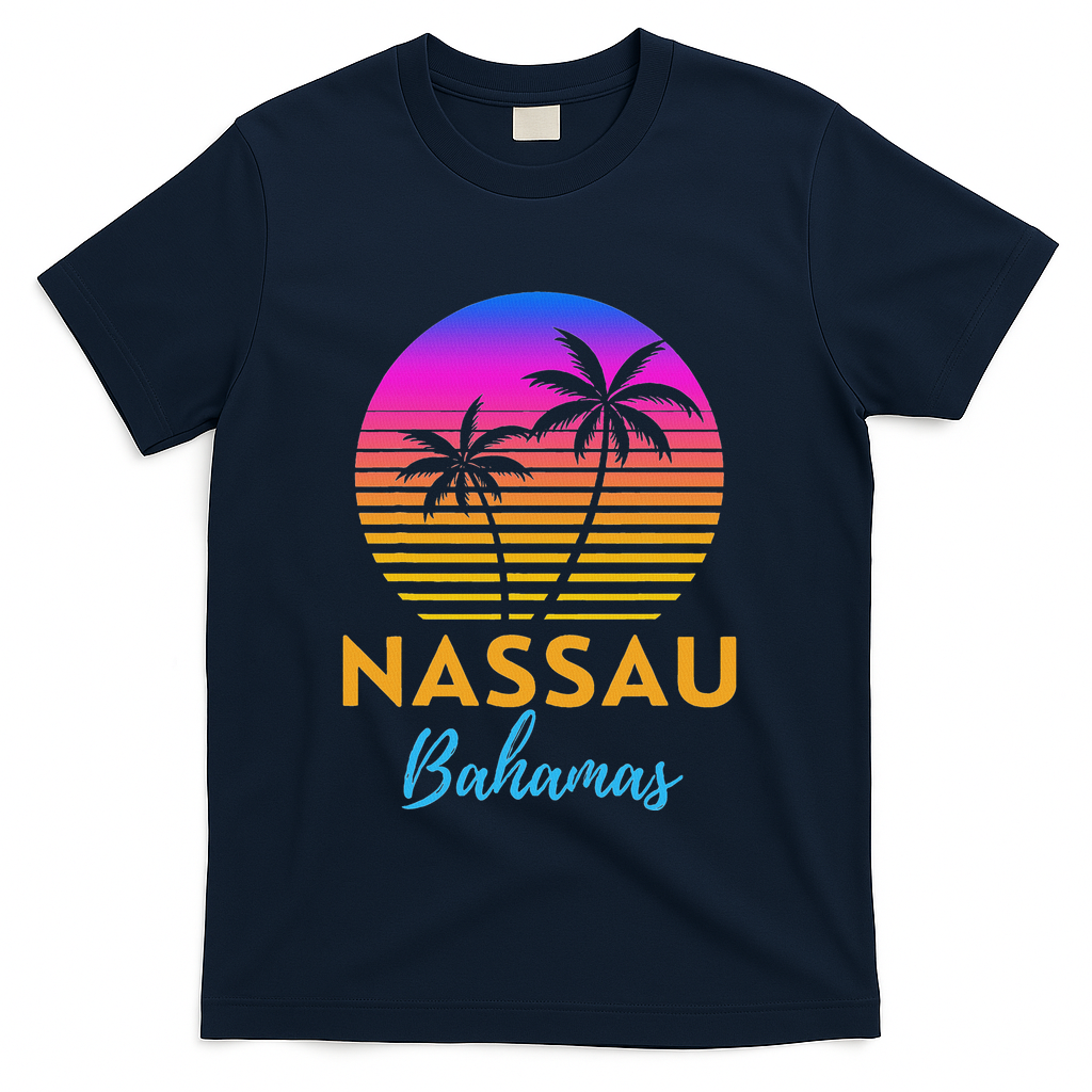 Retro Sunset Nassau Bahamas Beach Trip Vacation Summer Group T-Shirt - Navy