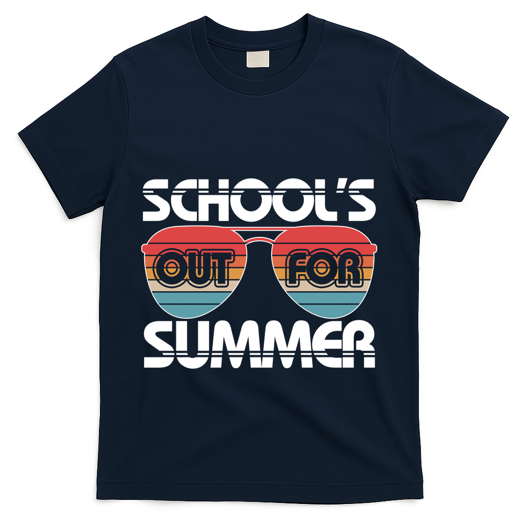 Retro School's Out For Summer Aviator Sunglasses T-Shirt - Navy