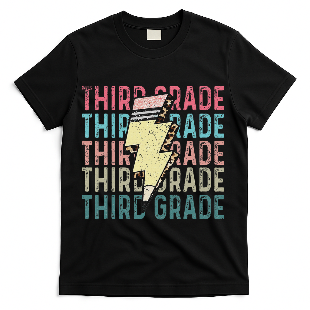 Retro Third Grade Teacher Lightning Bolt Pencil Teacher T-Shirt - Black
