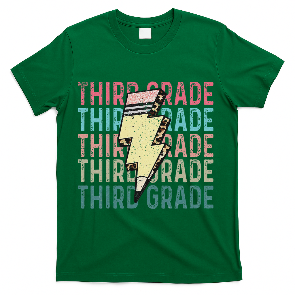 Retro Third Grade Teacher Lightning Bolt Pencil Teacher T-Shirt - Green