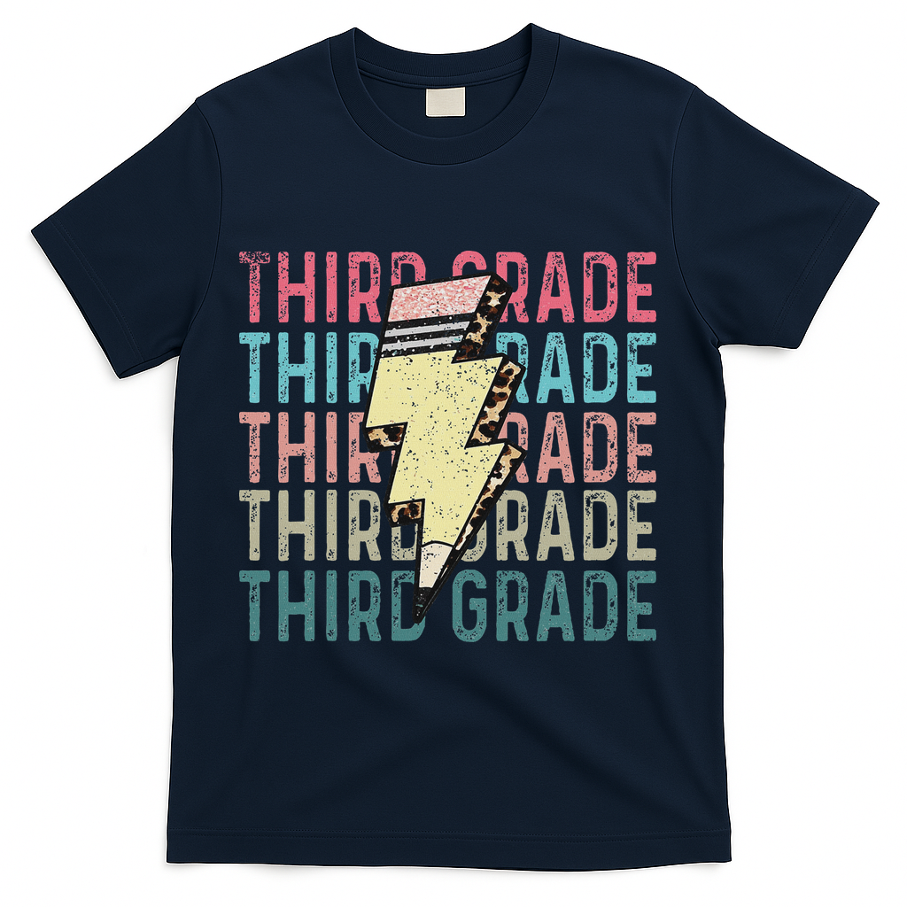 Retro Third Grade Teacher Lightning Bolt Pencil Teacher T-Shirt - Navy