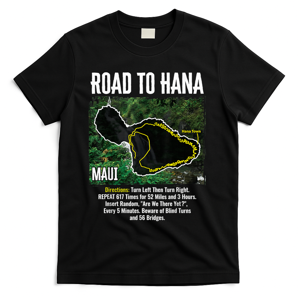 Road To Hana Map Maui Island Surfing Hawaiian Beach Summer T-Shirt - Black