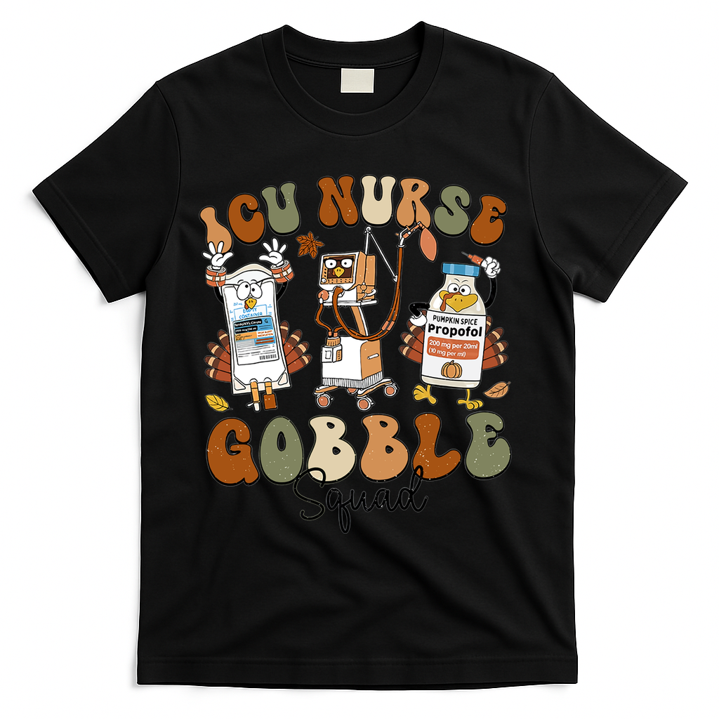 Retro Thanksgiving Icu Nurse Gobble Squad Turkey Autumn Rn Gift T-Shirt - Black