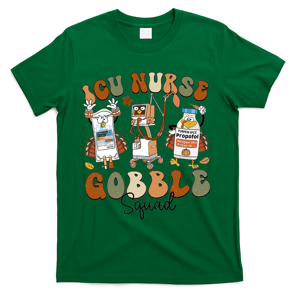 Retro Thanksgiving Icu Nurse Gobble Squad Turkey Autumn Rn Gift T-Shirt - Green