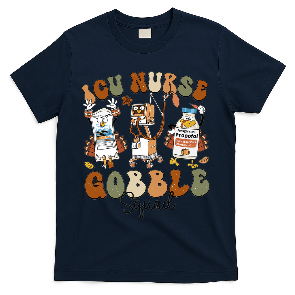 Retro Thanksgiving Icu Nurse Gobble Squad Turkey Autumn Rn Gift T-Shirt - Navy