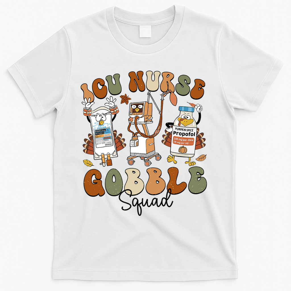 Retro Thanksgiving Icu Nurse Gobble Squad Turkey Autumn Rn Gift T-Shirt - White