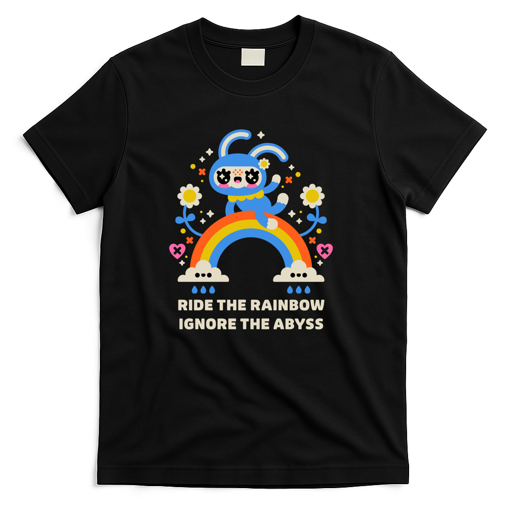 Ride the Rainbow Ignore the Abyss – Kawaii Bunny Rainbow Design - Black