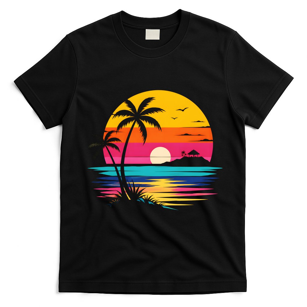 Retro Tropical Sunset Vibe Graphic Summer Beach Gift T-Shirt - Black