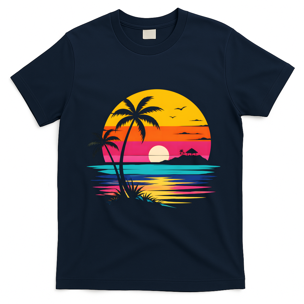 Retro Tropical Sunset Vibe Graphic Summer Beach Gift T-Shirt - Navy Blue