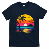 Retro Tropical Sunset Vibe Graphic Summer Beach Gift T-Shirt - Navy Blue