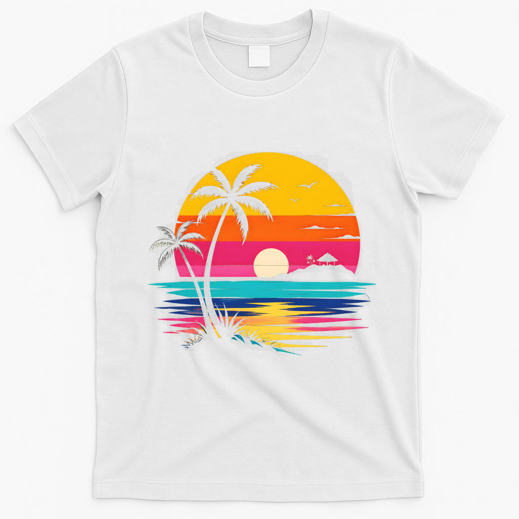 Retro Tropical Sunset Vibe Graphic Summer Beach Gift T-Shirt - White