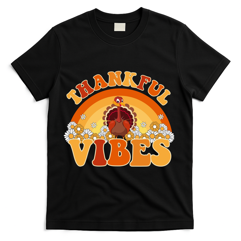 Retro Thanksgiving Thankful Vibes Turkey Sunset T-Shirt - Black