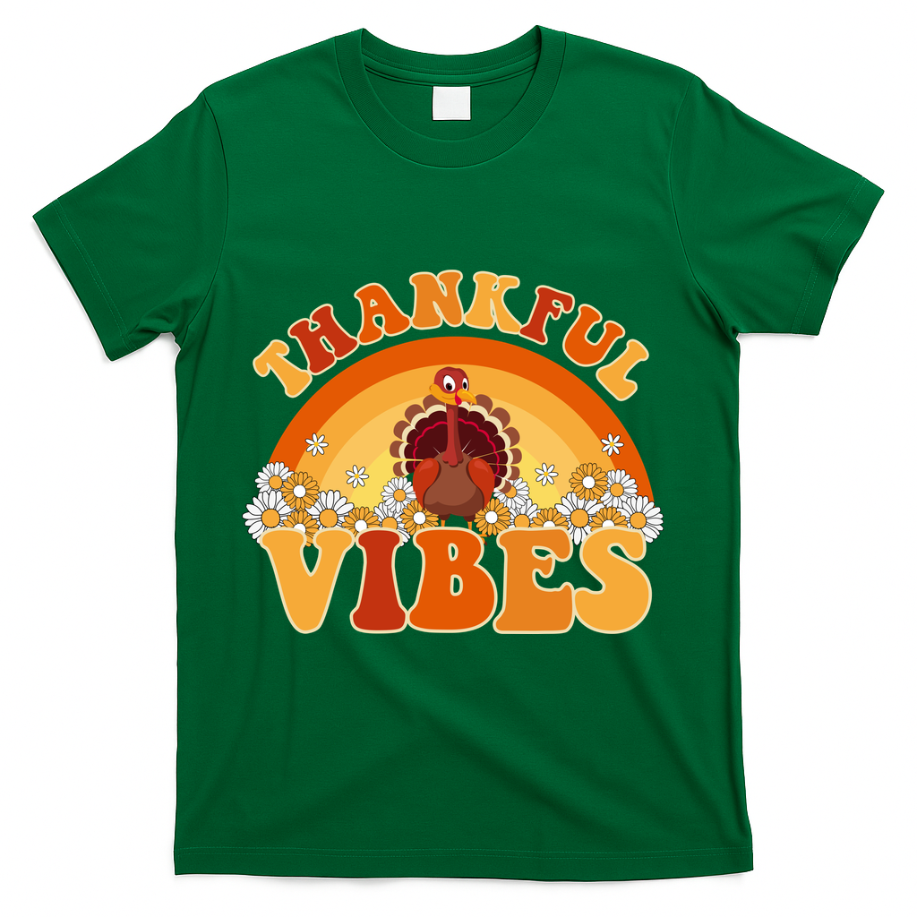 Retro Thanksgiving Thankful Vibes Turkey Sunset T-Shirt - Green