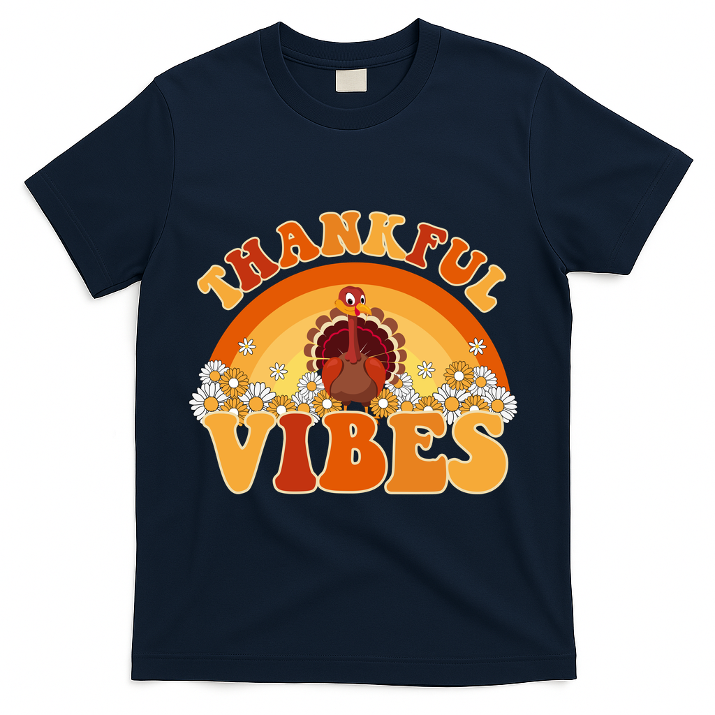 Retro Thanksgiving Thankful Vibes Turkey Sunset T-Shirt - Navy