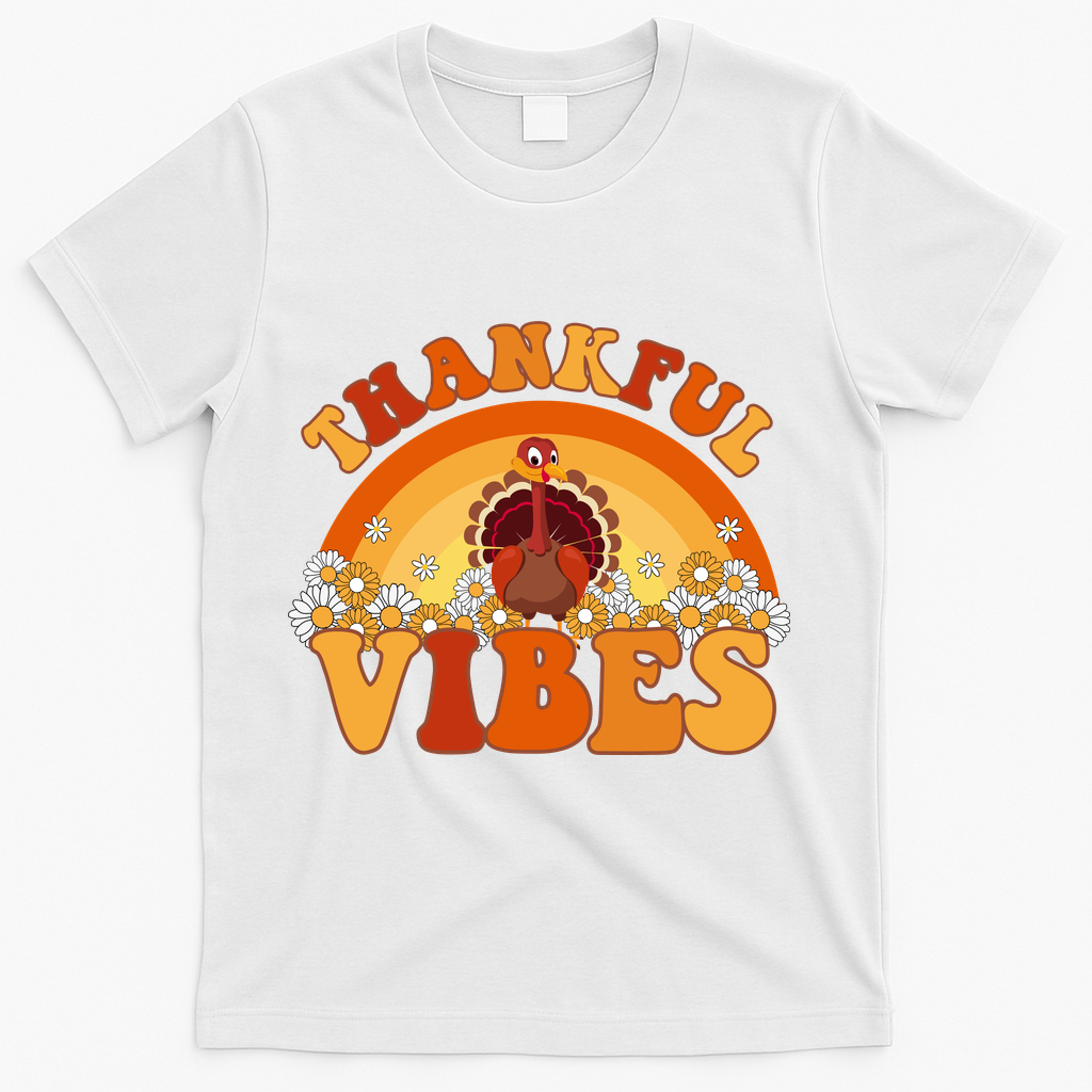 Retro Thanksgiving Thankful Vibes Turkey Sunset T-Shirt - White