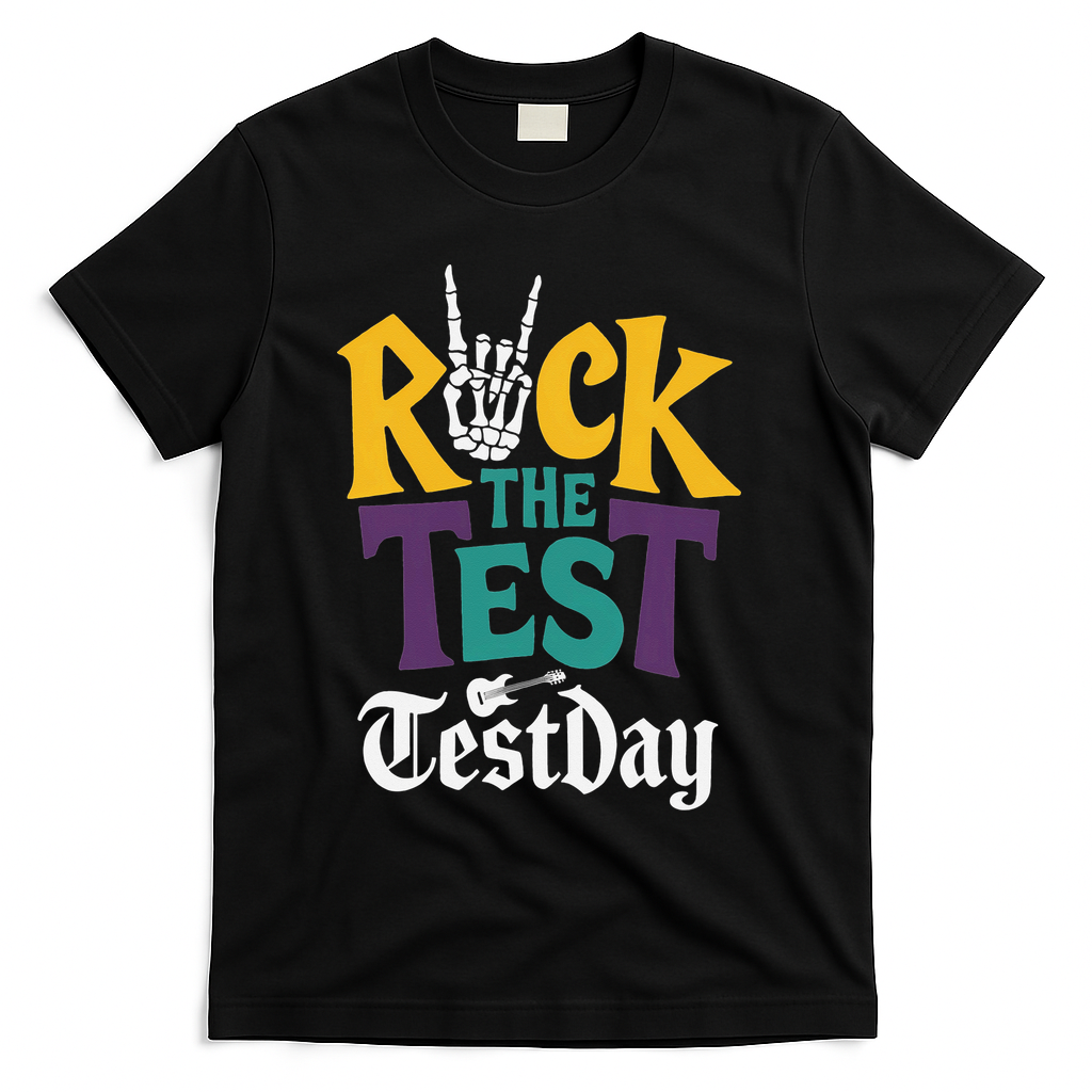 Rock The Test Testing Day Hand Skeleton Teacher Student T-Shirt - Black