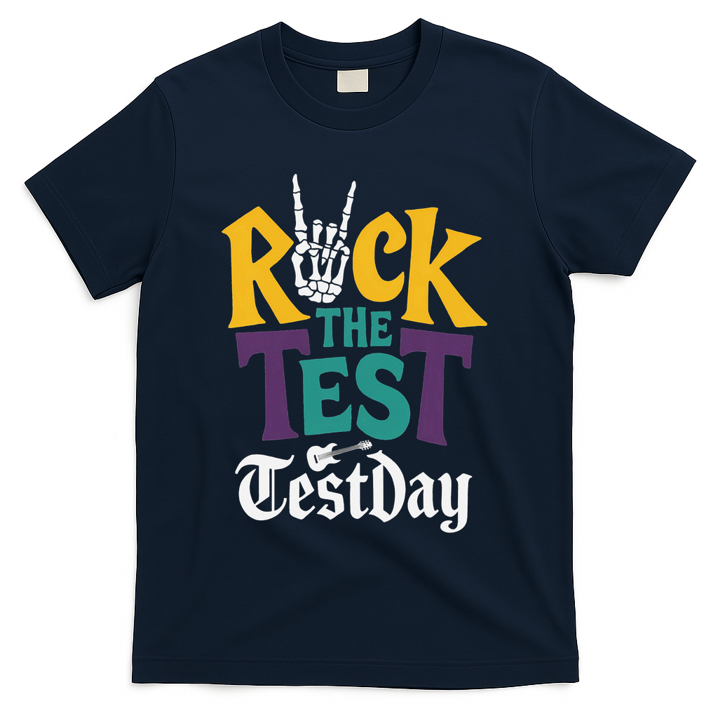 Rock The Test Testing Day Hand Skeleton Teacher Student T-Shirt - Navy