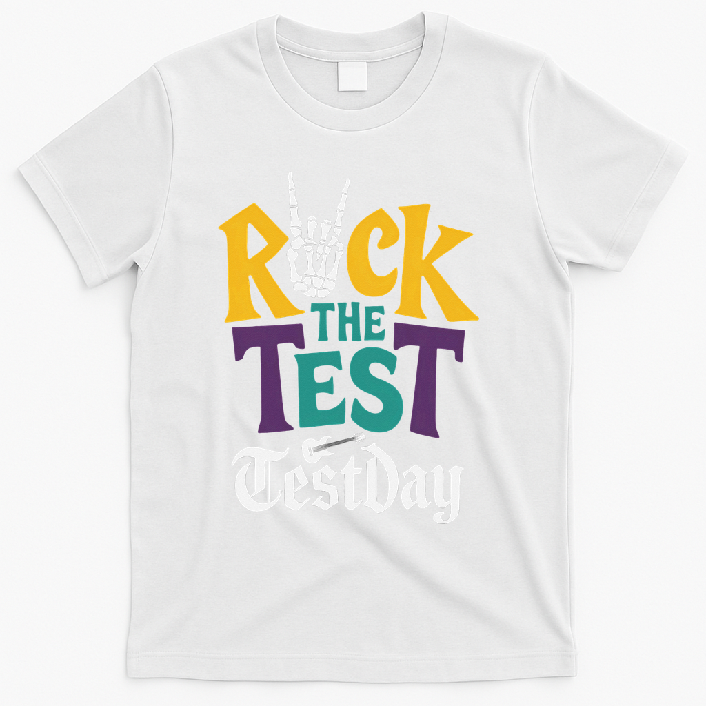 Rock The Test Testing Day Hand Skeleton Teacher Student T-Shirt - White