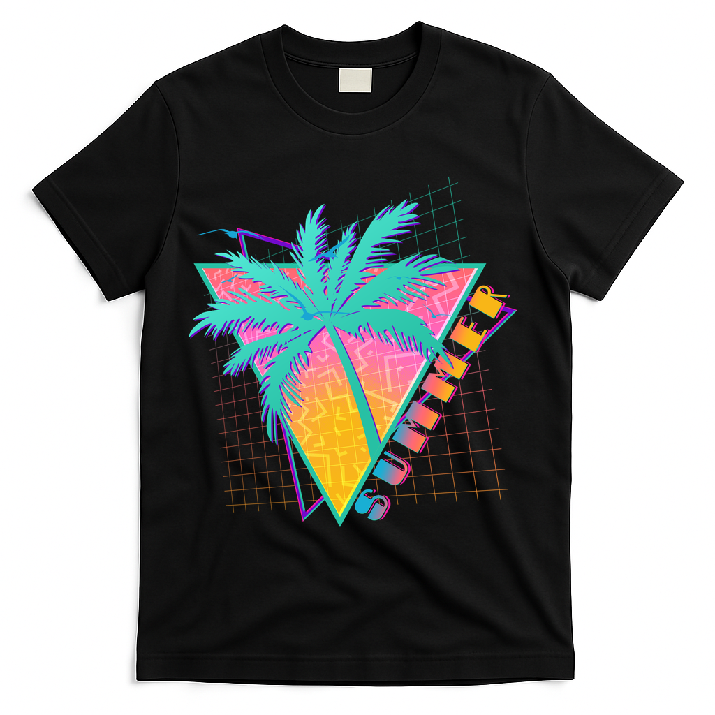 Retro Vintage 1980s Summer Palm Tree Summer Vacation Time T-Shirt - Black