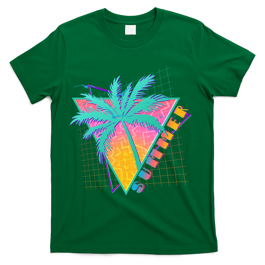 Retro Vintage 1980s Summer Palm Tree Summer Vacation Time T-Shirt - Green