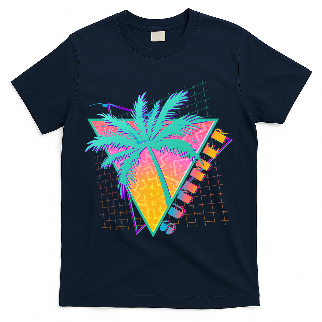 Retro Vintage 1980s Summer Palm Tree Summer Vacation Time T-Shirt - Navy