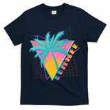 Retro Vintage 1980s Summer Palm Tree Summer Vacation Time T-Shirt - Navy