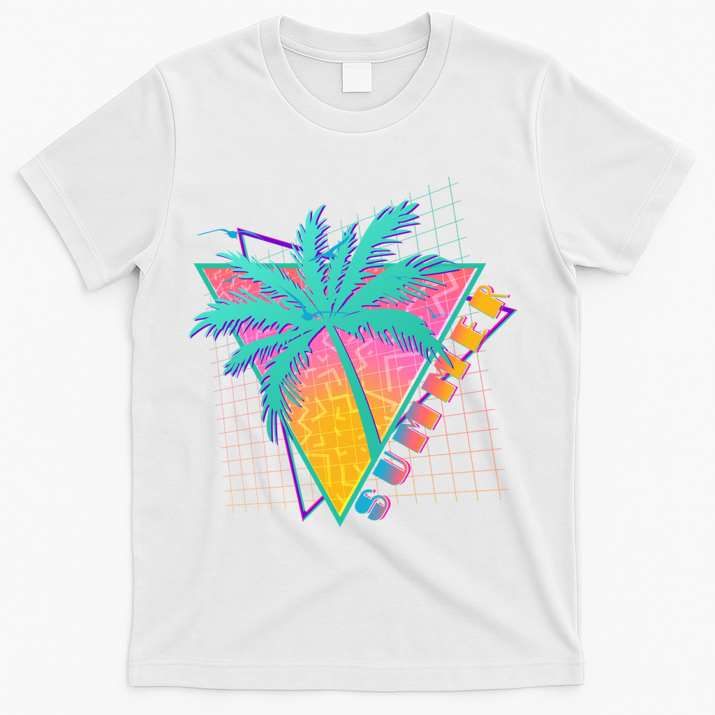 Retro Vintage 1980s Summer Palm Tree Summer Vacation Time T-Shirt - White