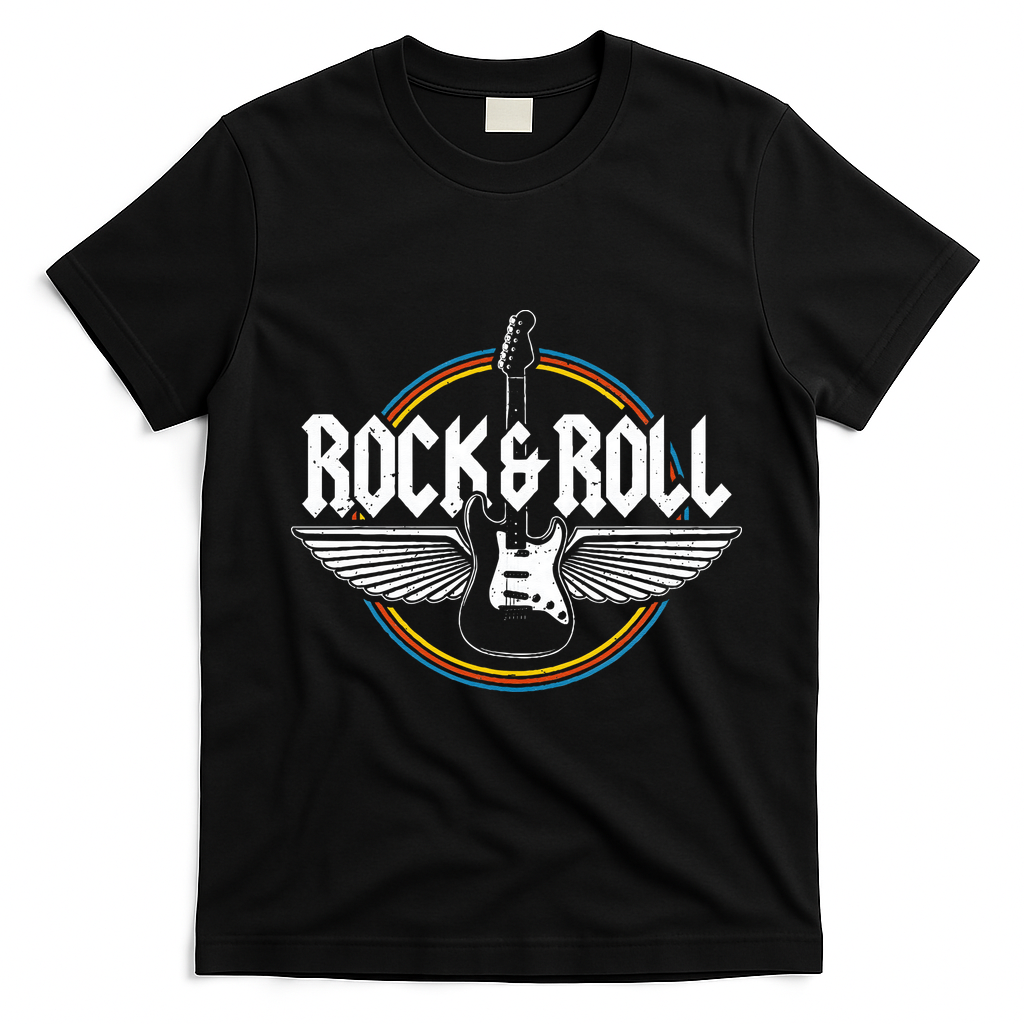 Retro Vintage Rock & Roll Guitar Wings Music Concert Band T-Shirt - Black