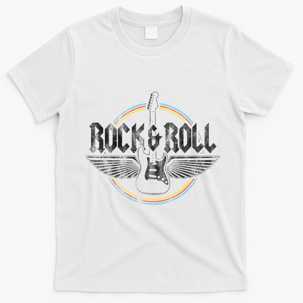 Retro Vintage Rock & Roll Guitar Wings Music Concert Band T-Shirt - White
