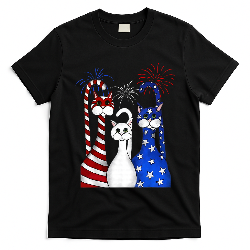 Red White Blue Cats USA Flag Firework 4th Of July T-Shirt