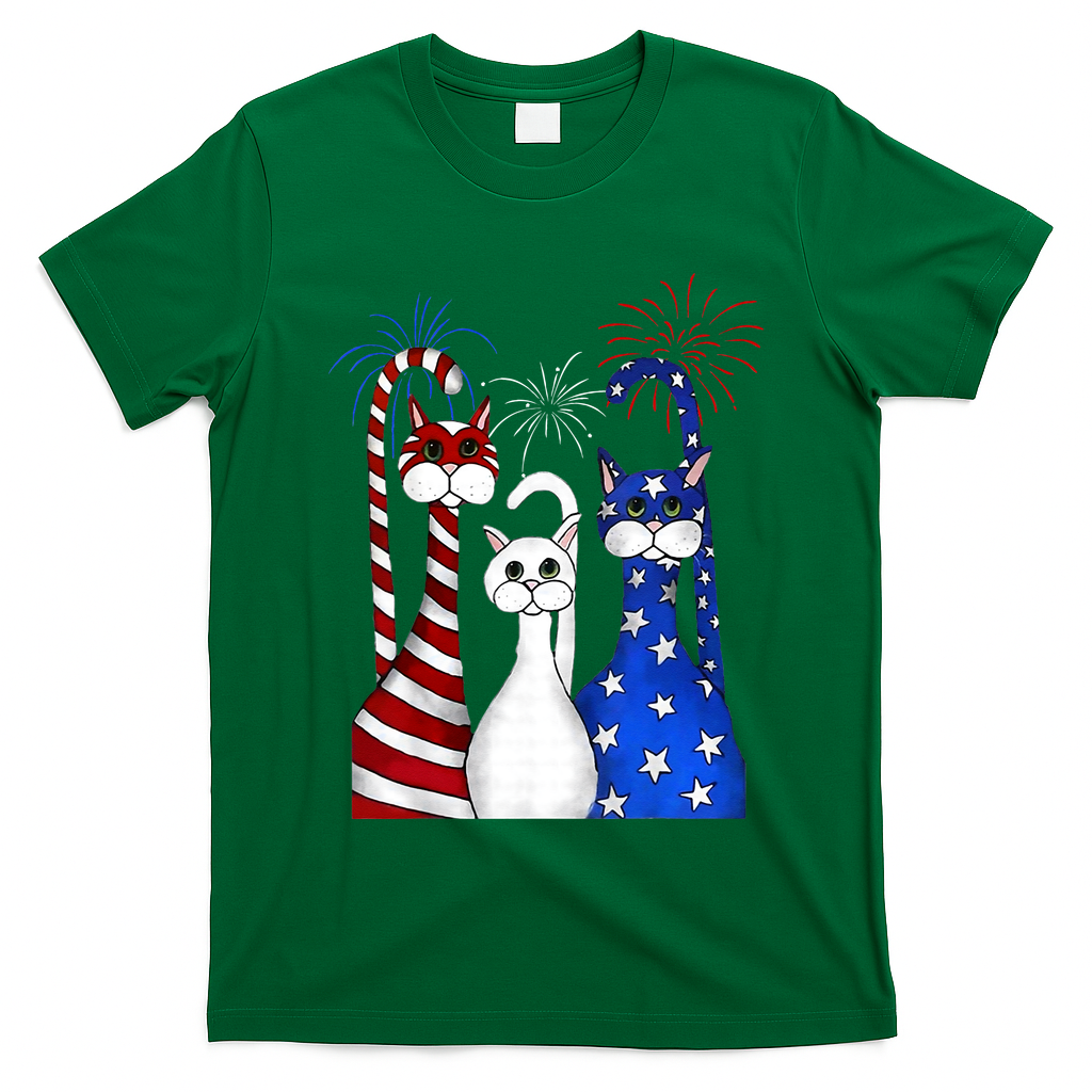 Red White Blue Cats USA Flag Firework 4th Of July T-Shirt