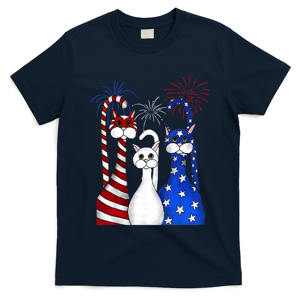 Red White Blue Cats USA Flag Firework 4th Of July T-Shirt