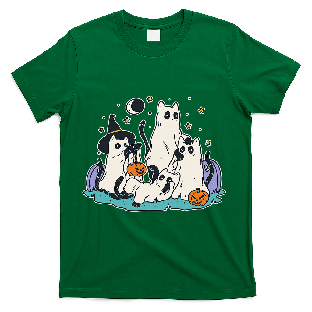 Spooky and Adorable Black Cat Halloween Costumes T-Shirt - Green