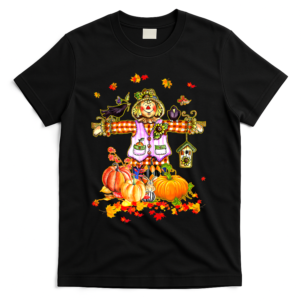 Scarecrow Autumn Hello Fall Pumpkin Thanksgiving Halloween T-Shirt - Black