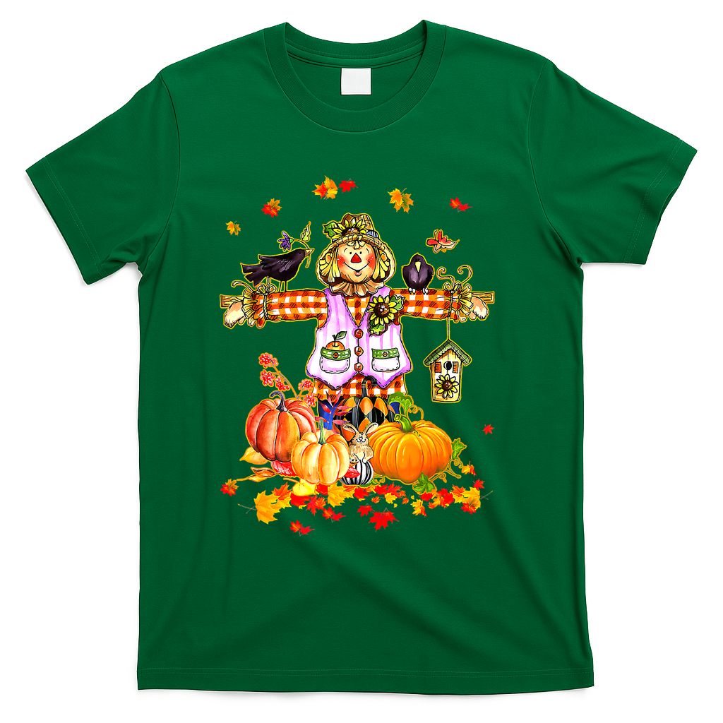 Scarecrow Autumn Hello Fall Pumpkin Thanksgiving Halloween T-Shirt - Green